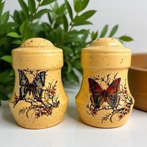 Vintage Butterfly Ceramic Salt and Pepper Shakers Set Floral Yellow Cottage MCM